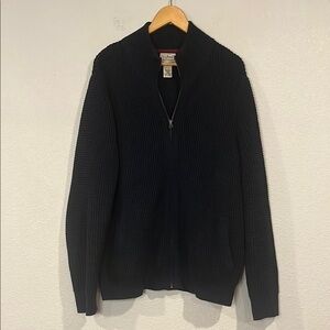 LL Bean organic cotton waffle knit zip front sweater navy L